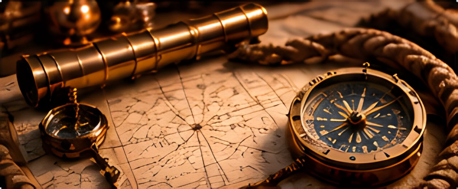 Brass telescope and compass on an antique map