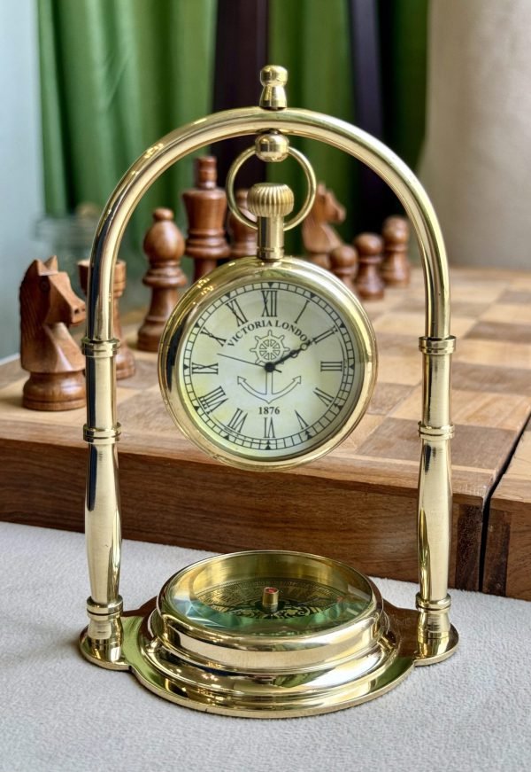 Antique Brass Compass Nautical Table Clock Vintage Decorative Charm Handcrafted for Desk & Shelf Gift for Collectors Baptism Birthday